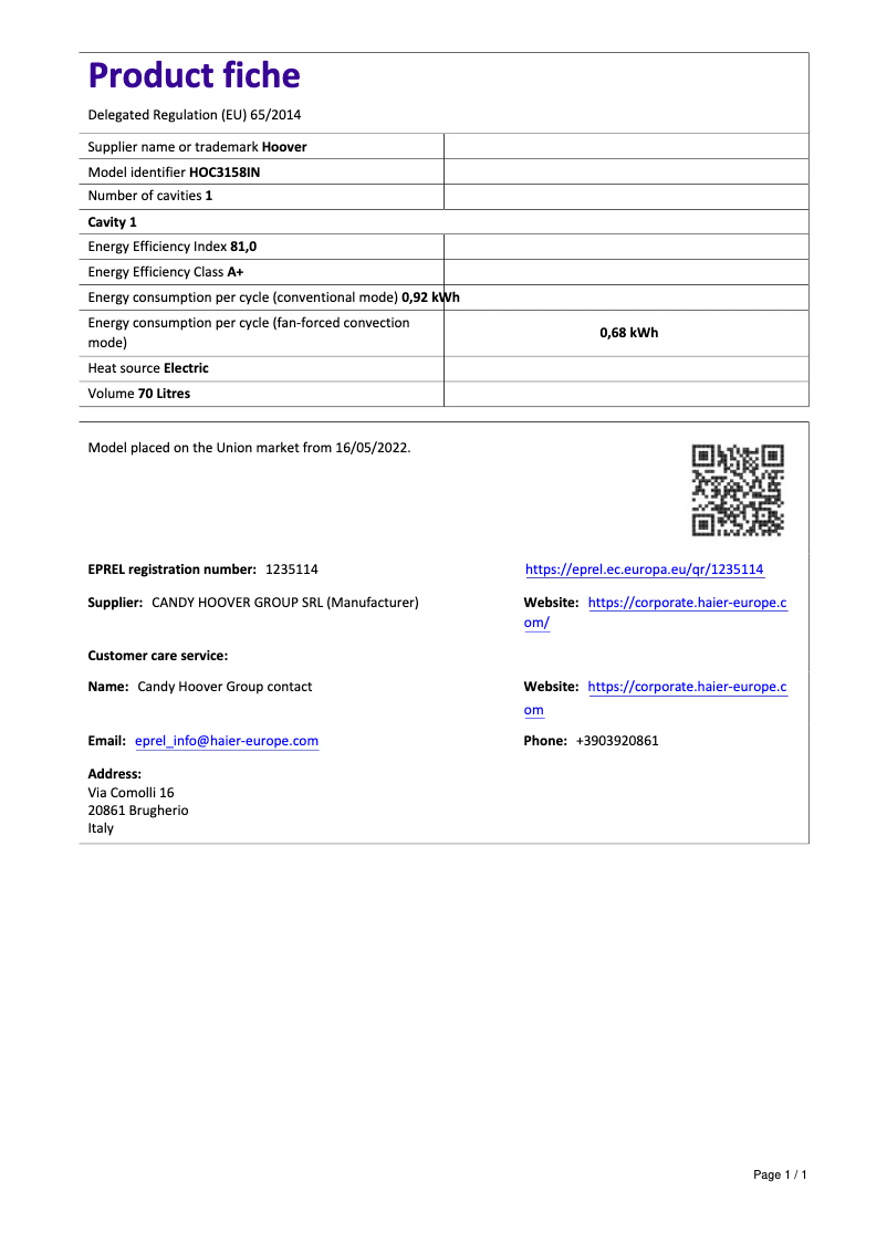 Page n°1 - Fiche technique Hoover H-OVEN 300 HOC3158IN