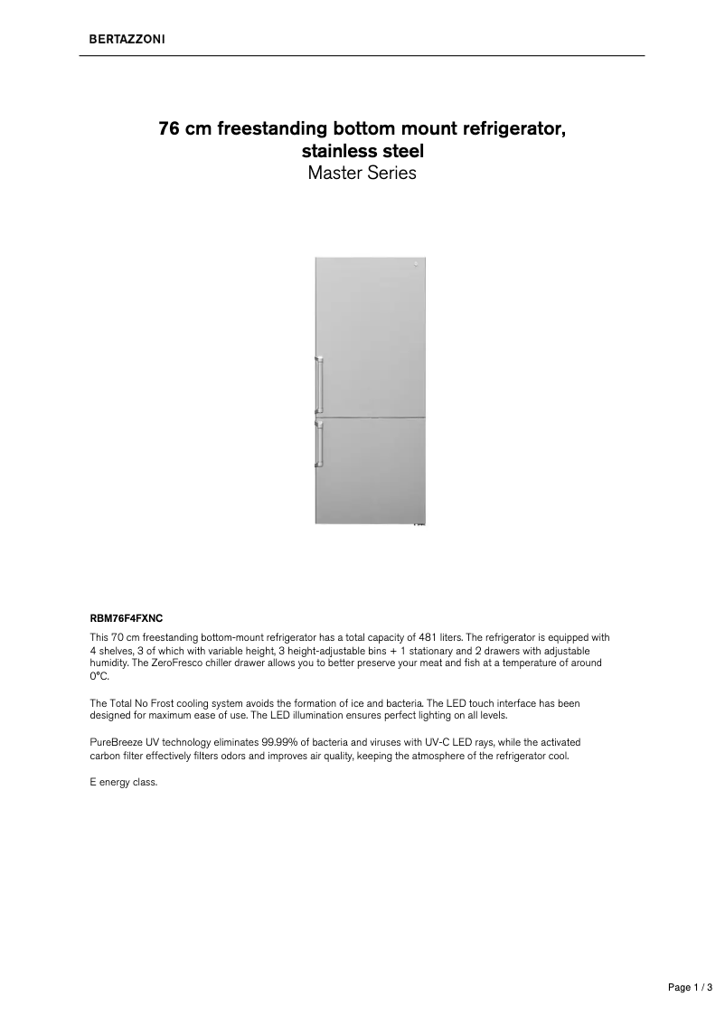 Page 1 de la notice Fiche technique Bertazzoni RBM76F4FXNC