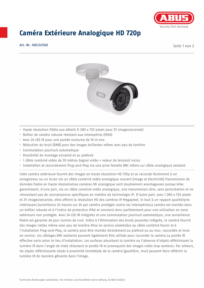 Page 1 de la notice Fiche technique Abus HDCC41500