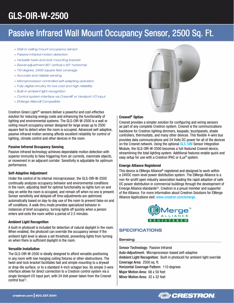 Page n°1 - Manuel utilisateur Crestron GLS-OIR-W-2500