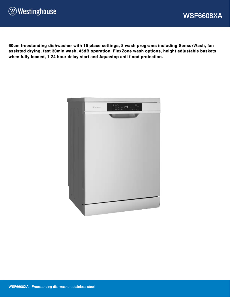 Page 1 de la notice Fiche technique Westinghouse WSF6608XA