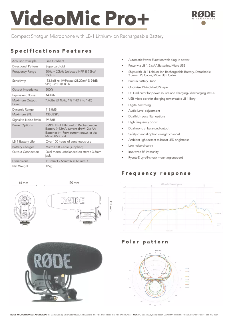 Page 1 de la notice Fiche technique Røde VideoMic Pro+