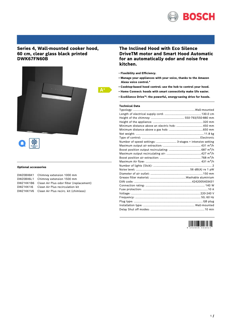 Page 1 de la notice Fiche technique Bosch DWK67FN60B