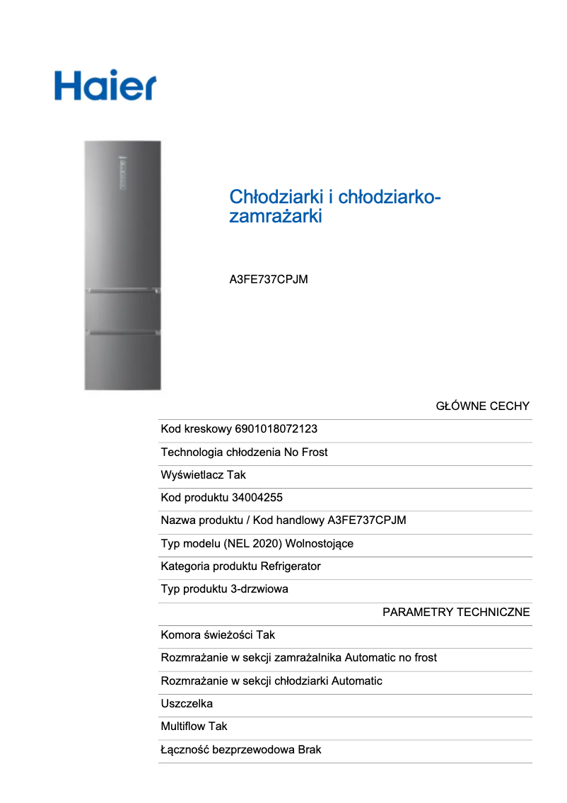 Page n°1 - Label énergétique Haier A3FE737CPJM