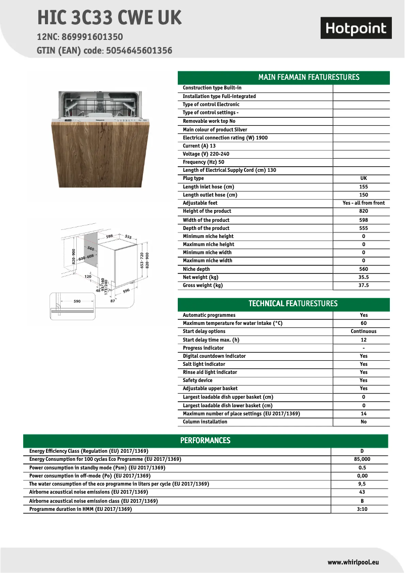 Page 1 de la notice Fiche technique Hotpoint HIC3C33CWEUK