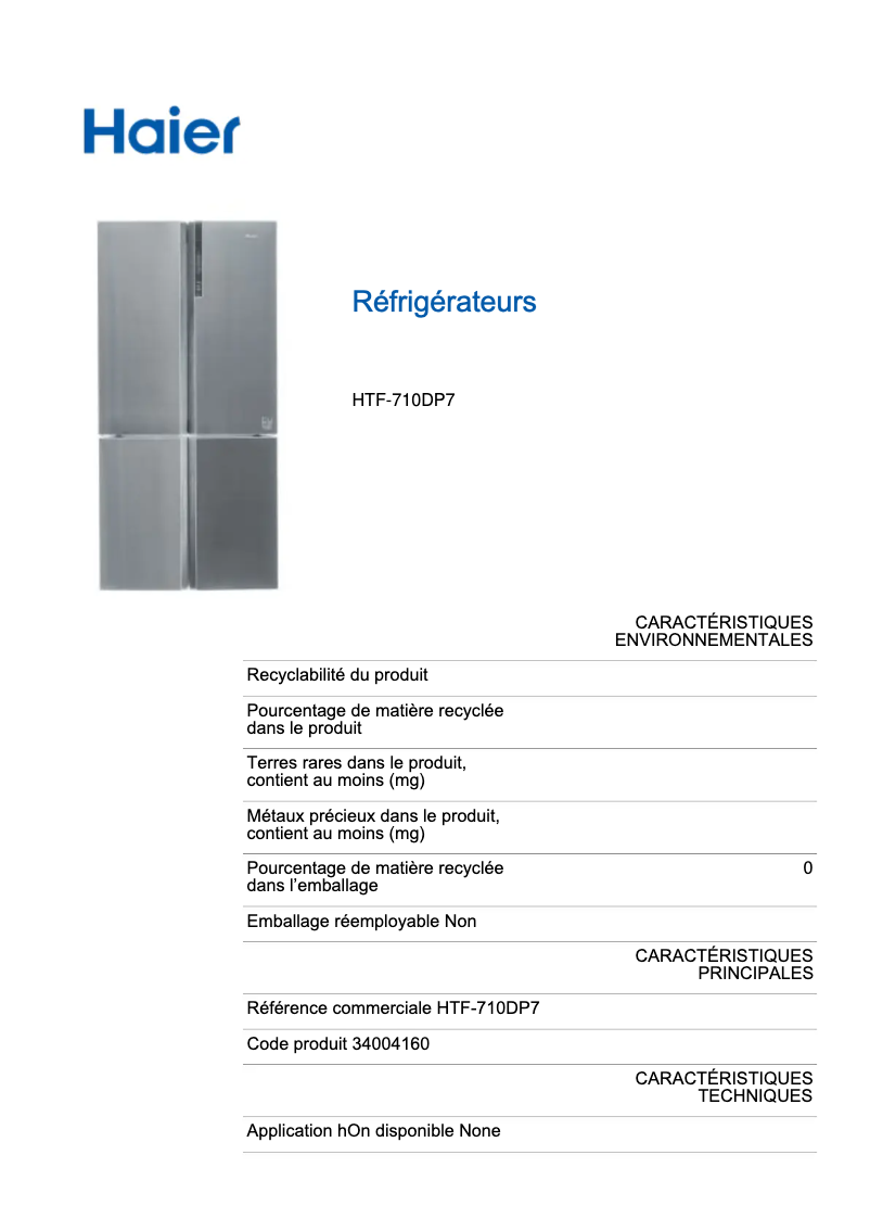 Page 1 de la notice Label énergétique Haier HTF-710DP7