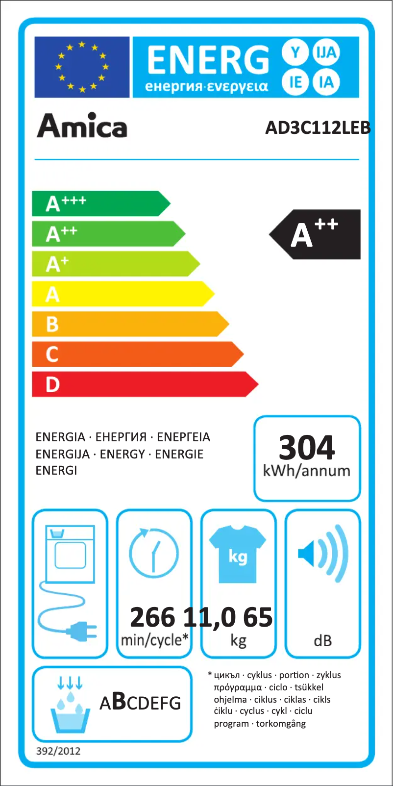 Page 1 de la notice Label énergétique Amica AD3C112LEB