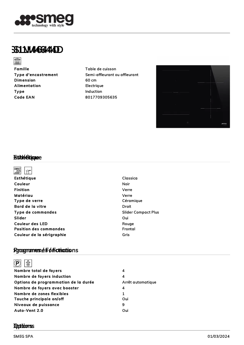 Page 1 de la notice Fiche technique Smeg SI1M4644D