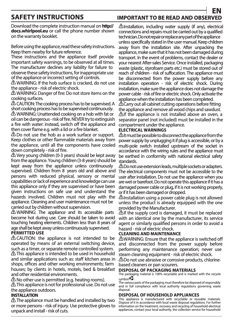 Page 1 de la notice Manuel d'utilisation et d'entretien Whirlpool AKT 8130/LX