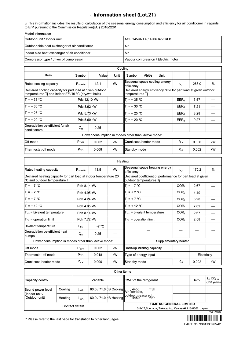 Page 1 de la notice Fiche technique Fujitsu AOEG45KRTA