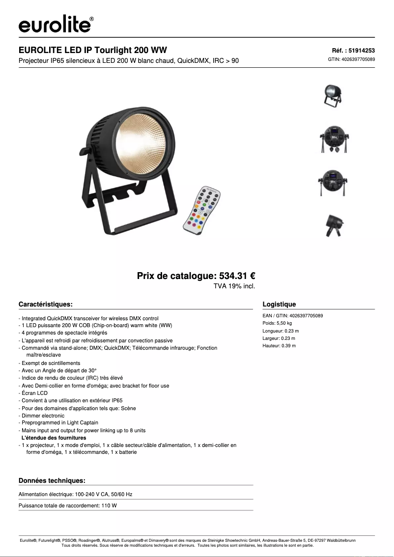 Page n°1 - Fiche technique Eurolite LED IP Tourlight 200