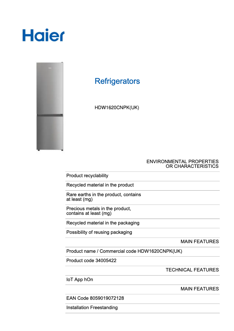 Page 1 de la notice Fiche technique Haier HDW1620CNPK