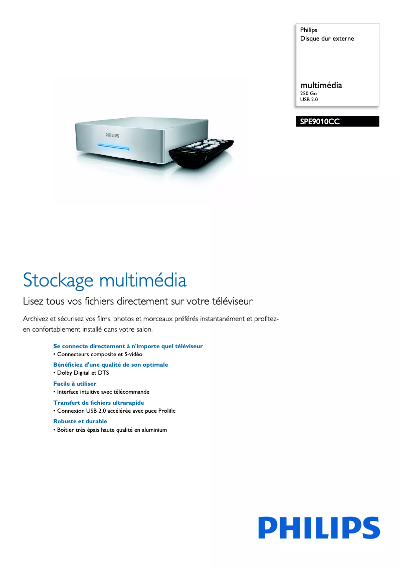 Page 1 de la notice Fiche technique Philips SPE9010CC