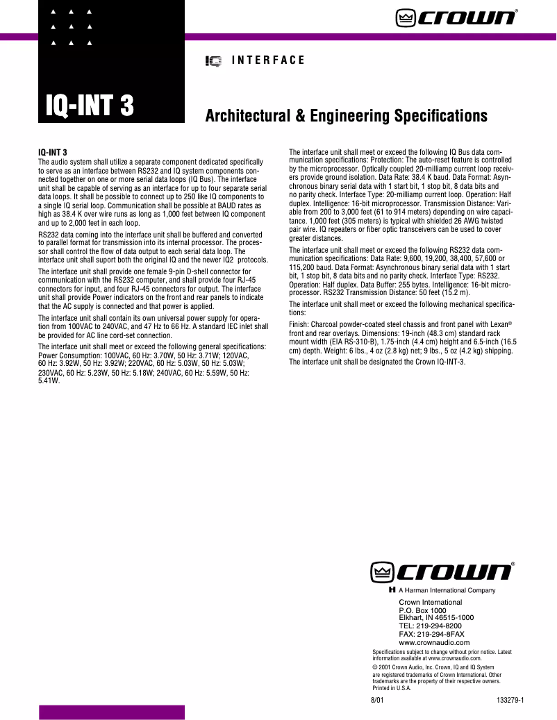 Image de la première page du manuel de l'appareil IQ-INT3