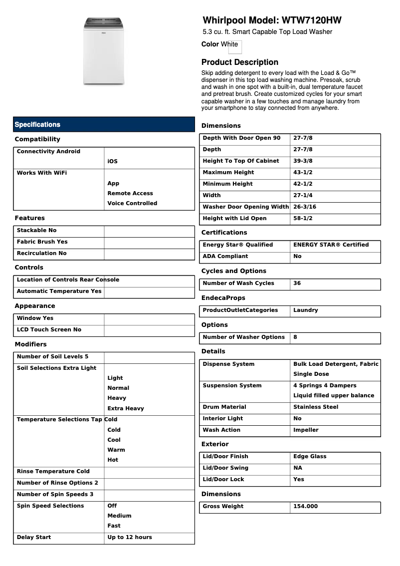 Page 1 de la notice Fiche technique Whirlpool WTW8120HW