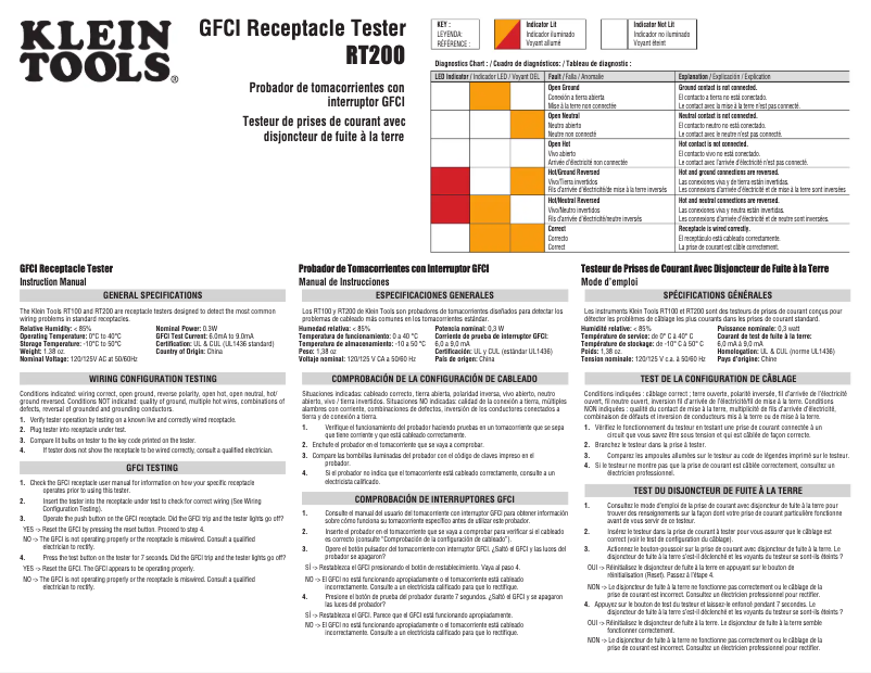 Page 1 de la notice Manuel utilisateur Klein Tools RT200