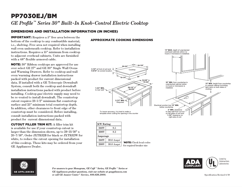 Page 1 de la notice Fiche technique GE Profile PP7030EJES