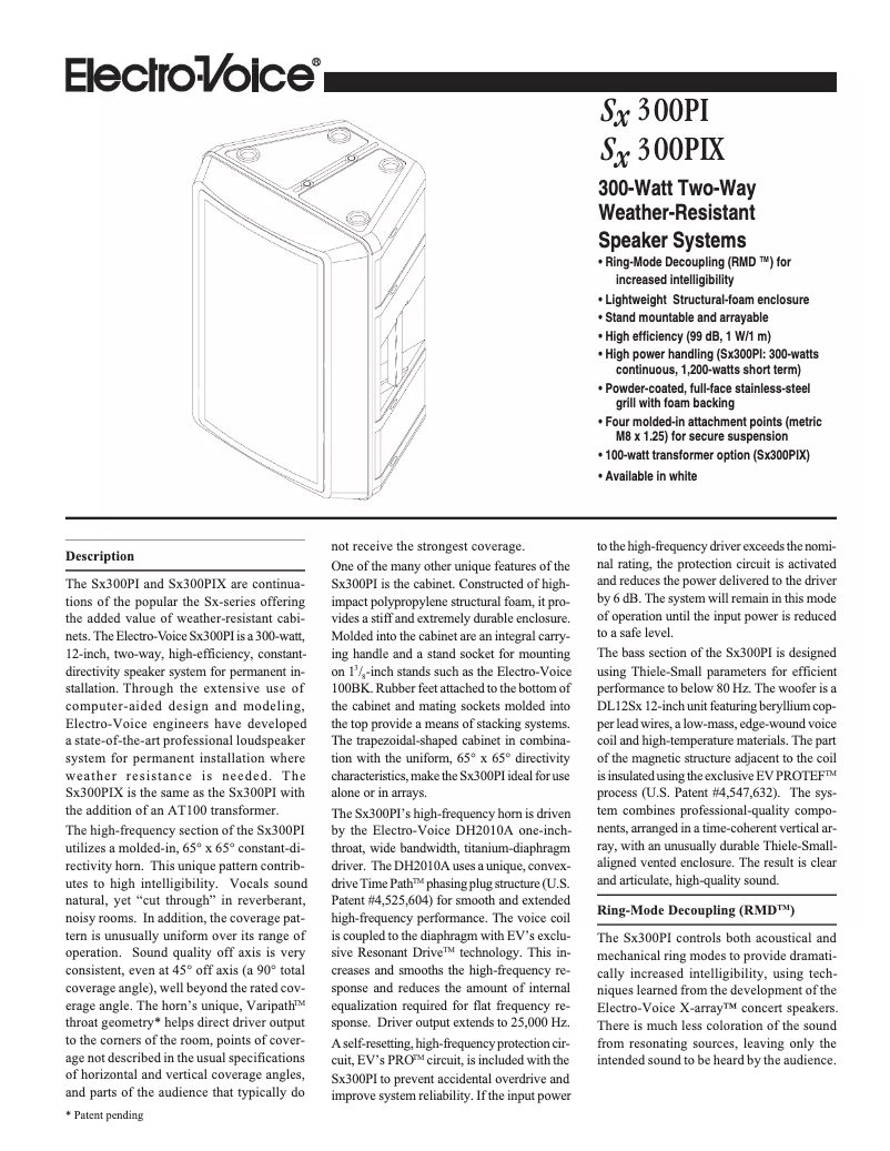 Page 1 de la notice Manuel utilisateur Electro-Voice SX300
