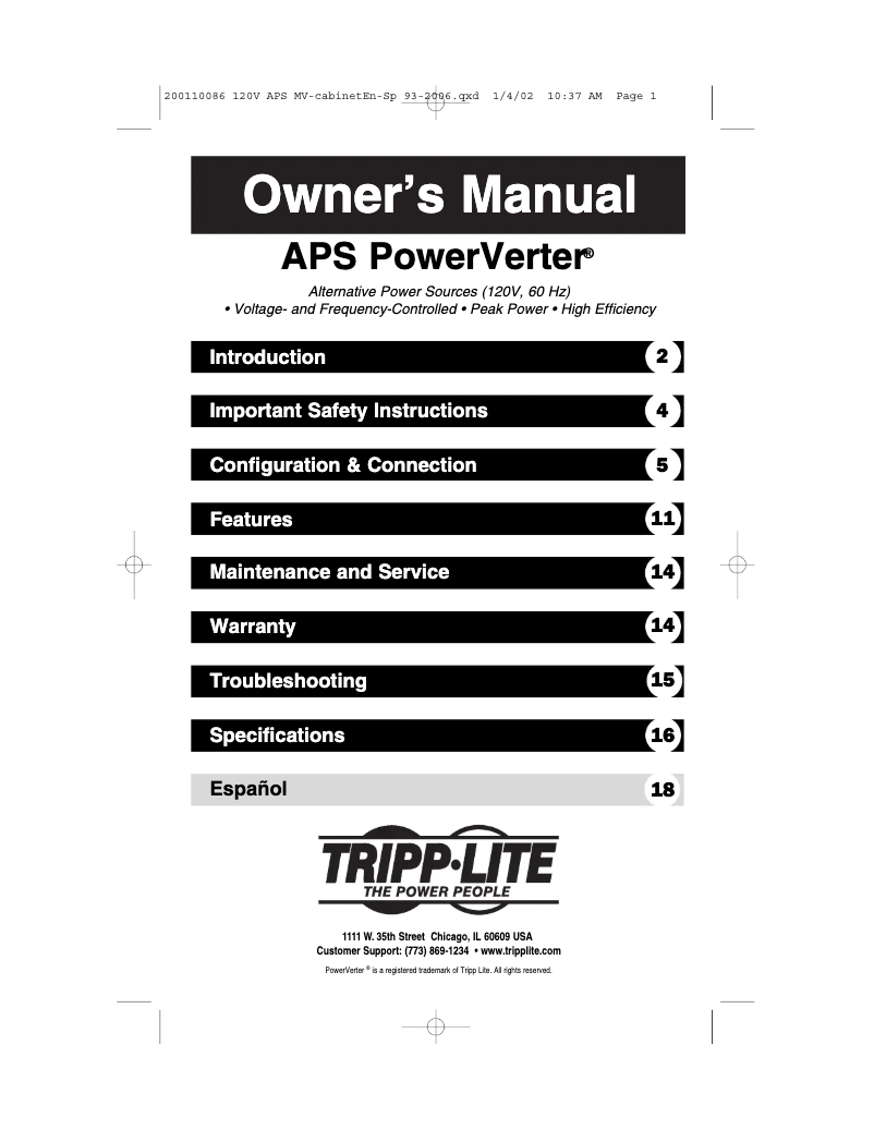 Page n°1 - Manuel utilisateur Tripp Lite APS3636VR