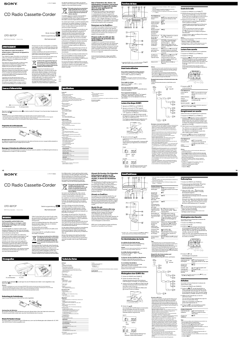Page 1 de la notice Manuel utilisateur Sony CFD-S07CP