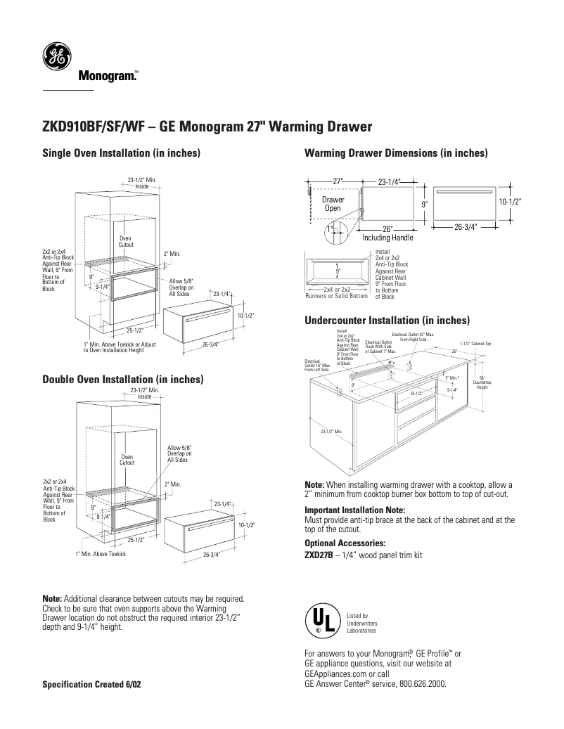 Page n°1 - Fiche technique GE ZKD910BFBB