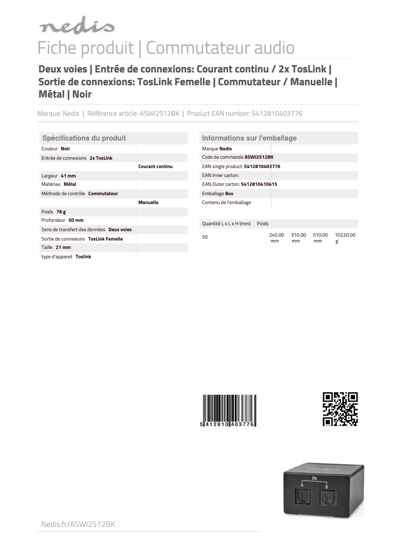 Page 1 de la notice Manuel utilisateur Nedis ASWI2512BK