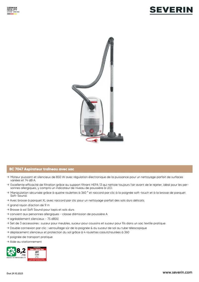 Page 1 de la notice Fiche technique Severin BC 7047