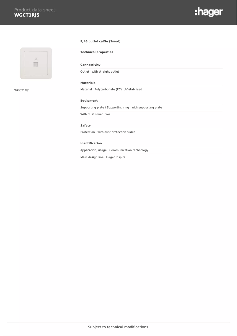 Page 1 de la notice Fiche technique Hager WGCT1RJ5