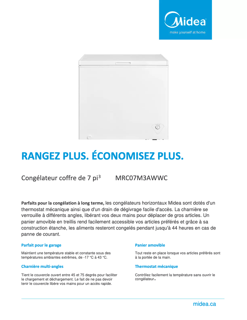 Page 1 de la notice Fiche technique Midea MRC07M3AWWC
