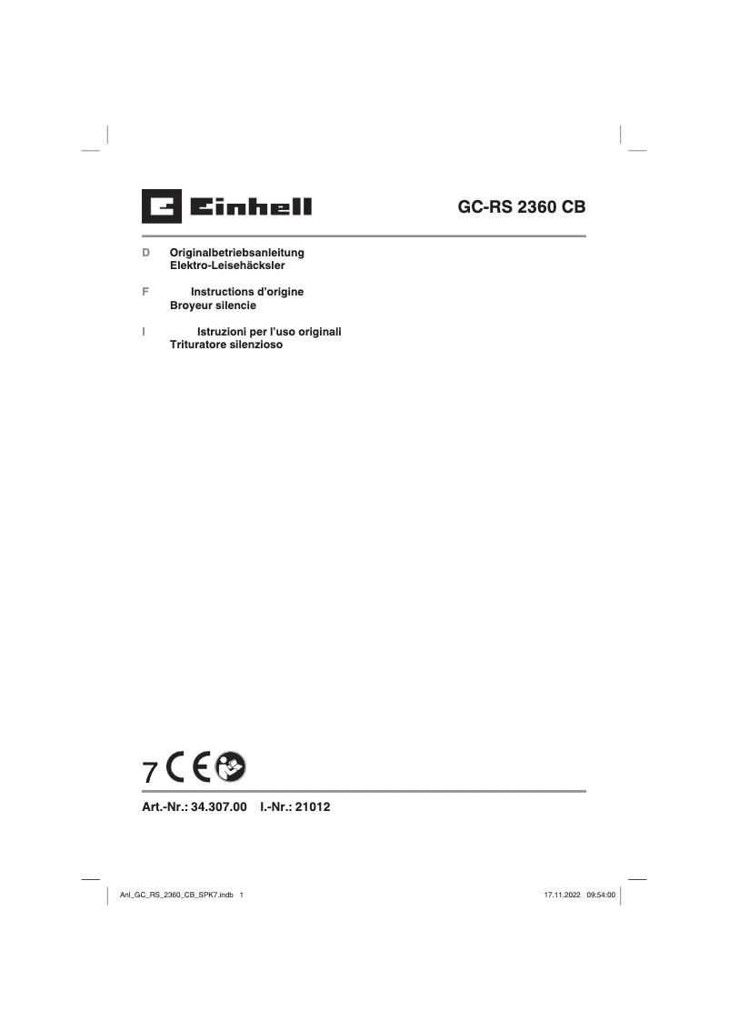 Page 1 de la notice Manuel utilisateur Einhell GC-RS 2360 CB