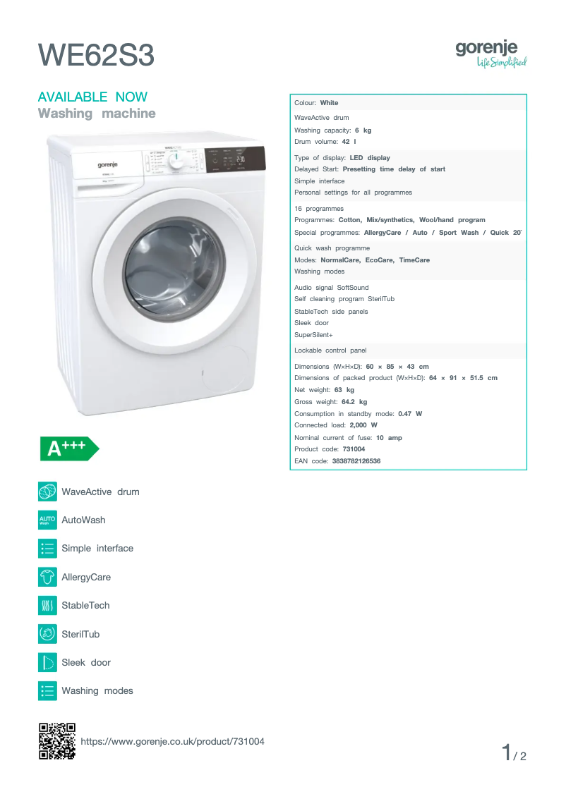 Page 1 de la notice Fiche technique Gorenje WE62S3