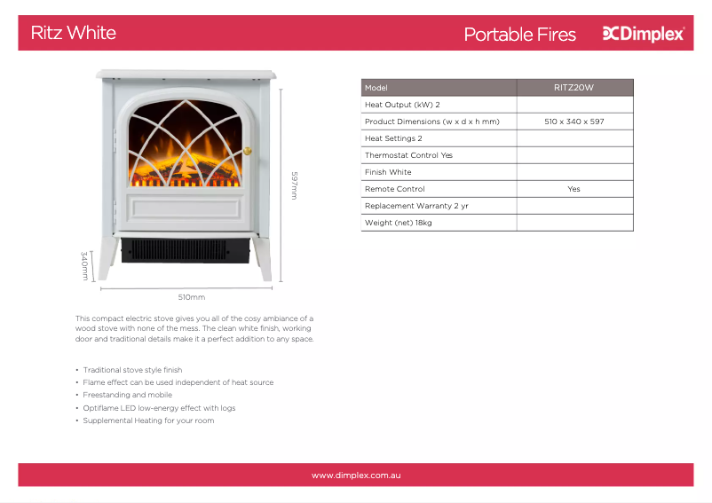 Page 1 de la notice Fiche technique Dimplex RITZ20W