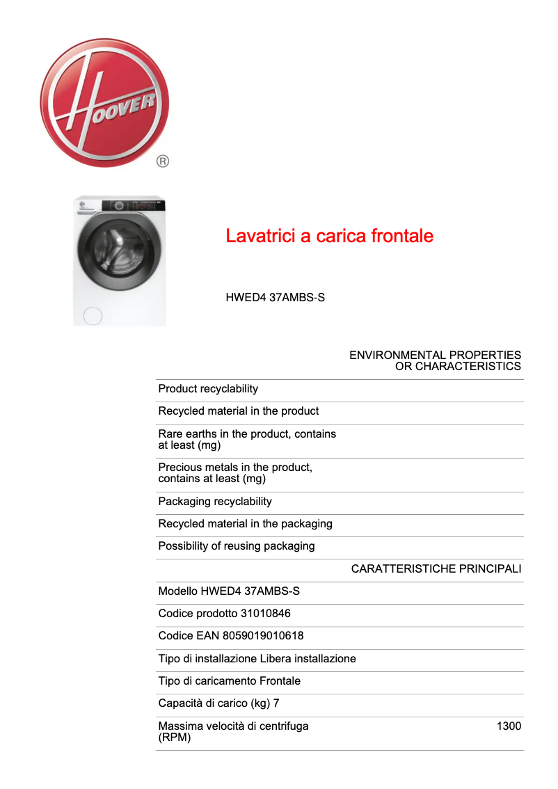 Page 1 de la notice Fiche technique Hoover H-WASH 500 HWED4 37AMBS/1-S