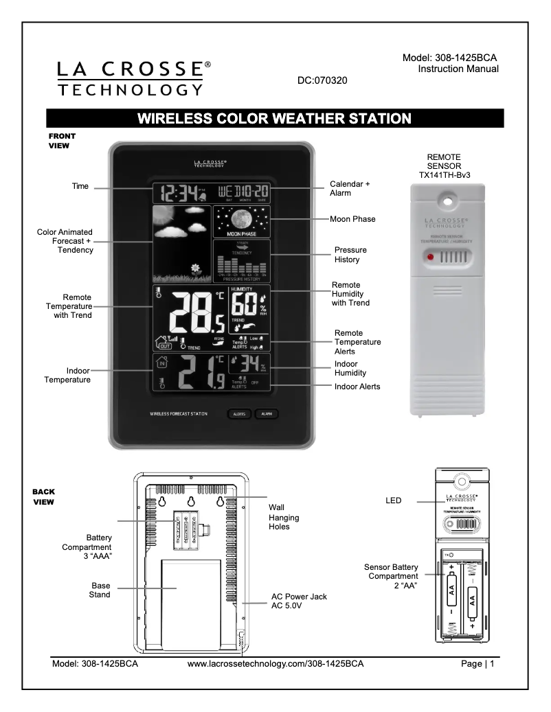 Page n°1 - Manuel utilisateur La Crosse Technology 308-1425BCA