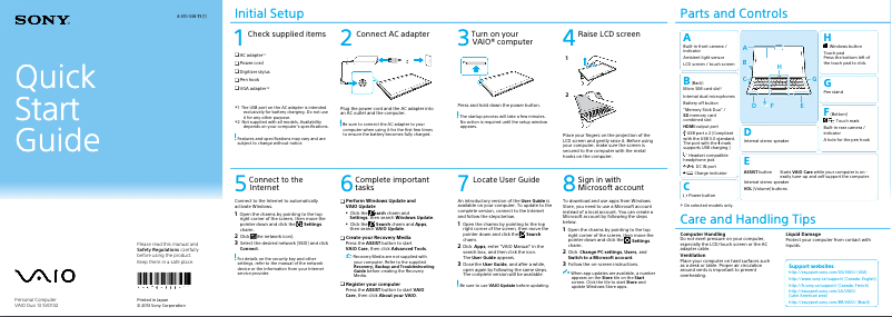 Page 1 de la notice Guide d'installation Sony Vaio Duo 13 SVD1321BPXB