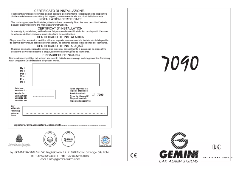 Page 1 de la notice Manuel utilisateur Gemini 7090