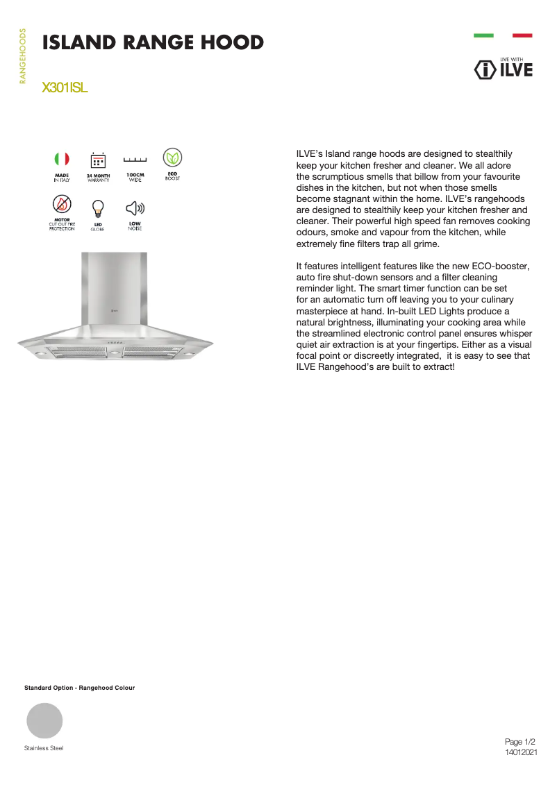 Page n°1 - Fiche technique Ilve X301ISL