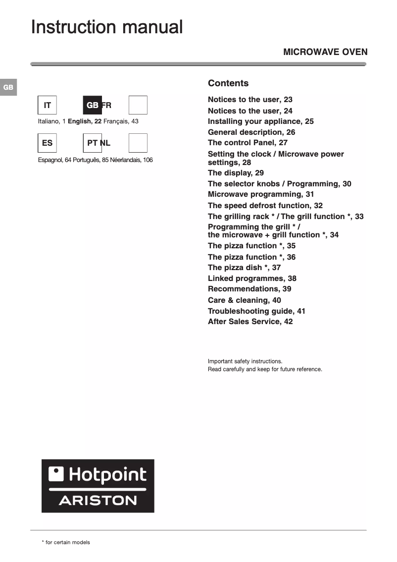 Page n°1 - Manuel utilisateur Hotpoint Ariston MWH222I