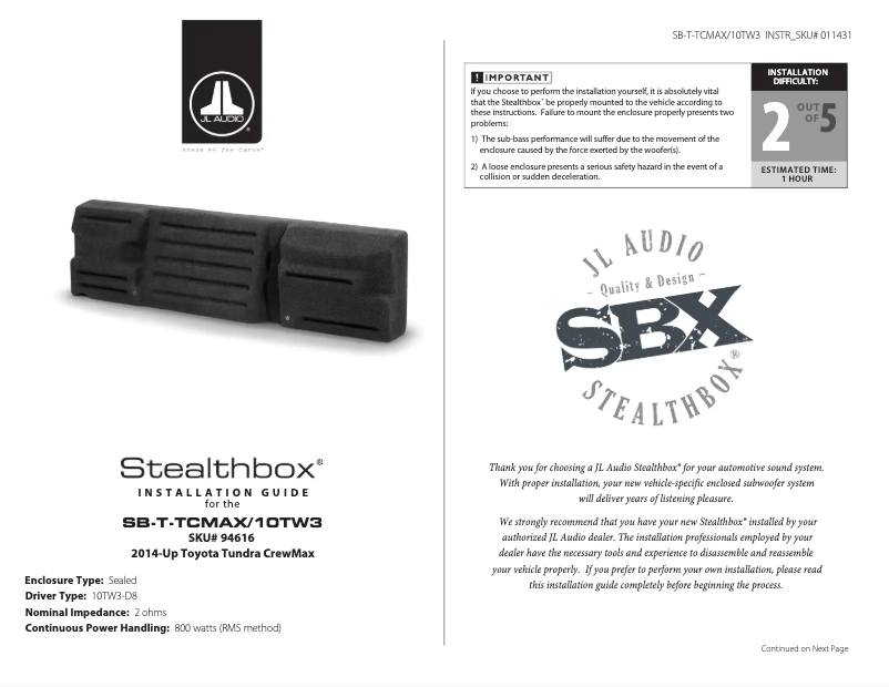 Image de la première page du manuel de l'appareil Stealthbox SB-T-TCMAX/10TW3