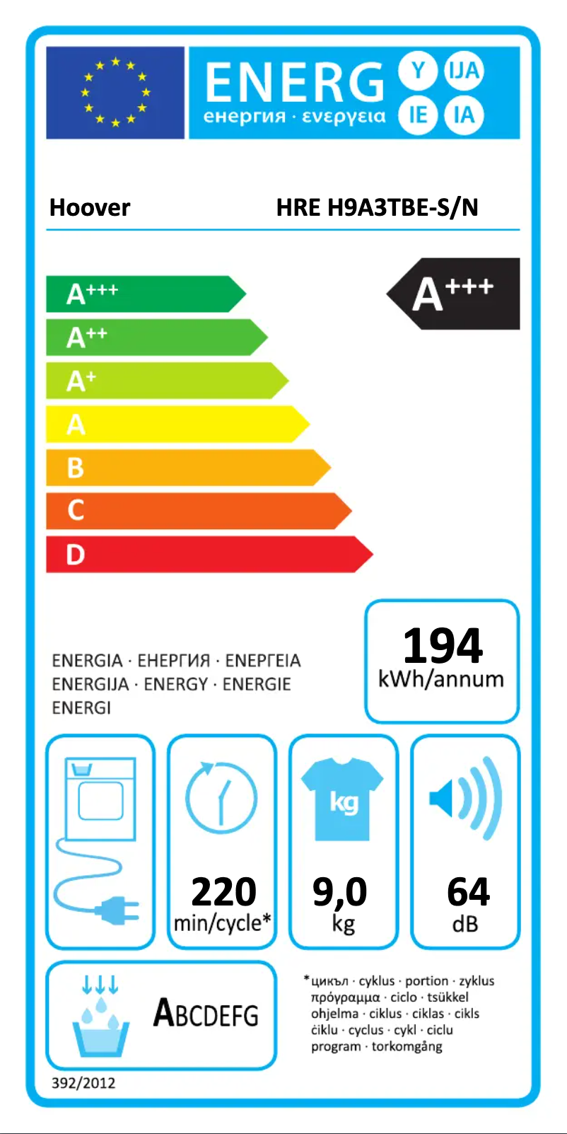 Page n°1 - Label énergétique Hoover HRE H9A3TBE-S/N