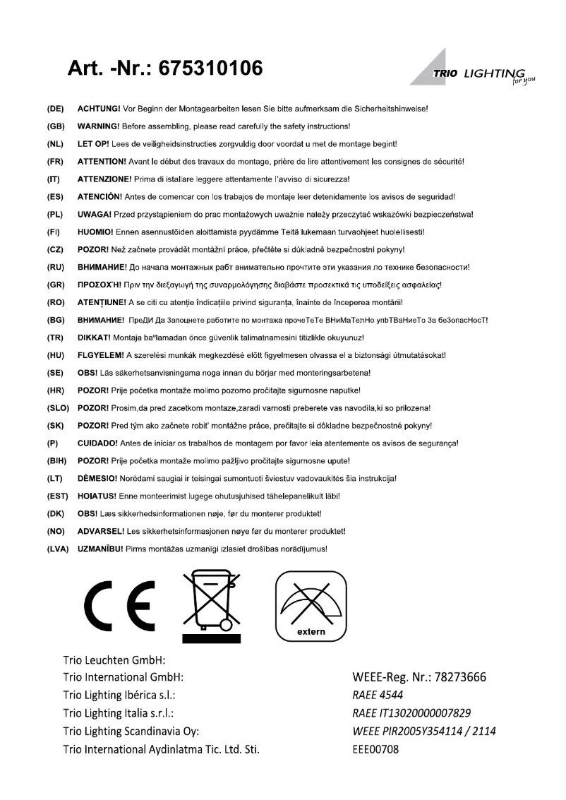 Page 1 de la notice Manuel utilisateur Trio Lighting Cumano 675310106