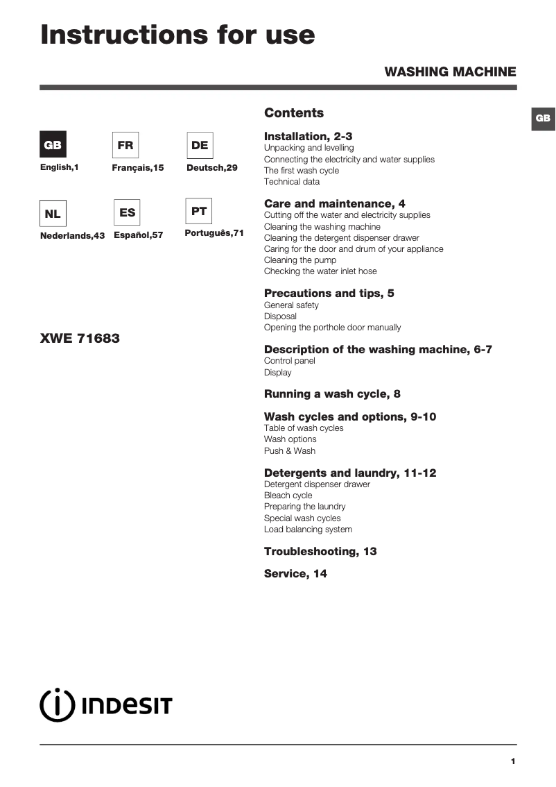 Page n°1 - Manuel utilisateur Indesit XWE 71683