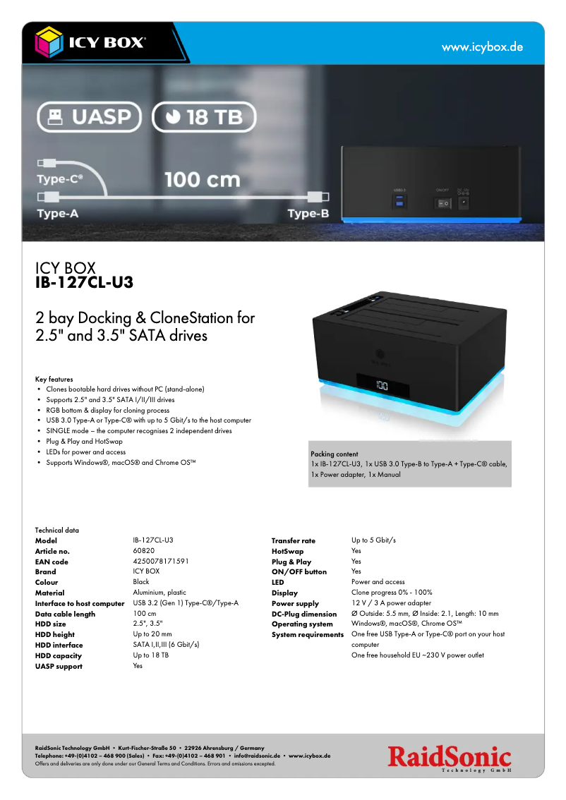 Página 1 del manual Ficha técnica Icy Box IB-127CL-U3