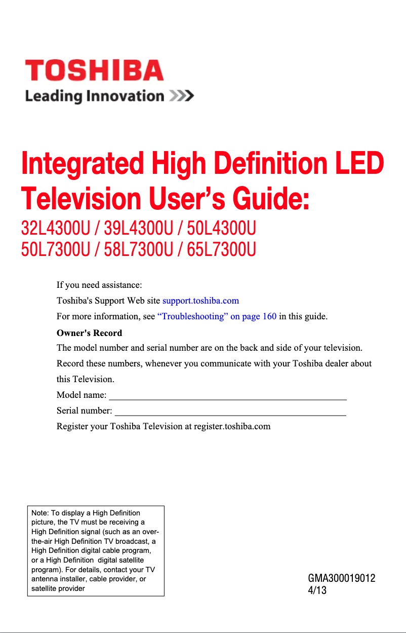 Page n°1 - Manuel utilisateur Toshiba 58L7300U