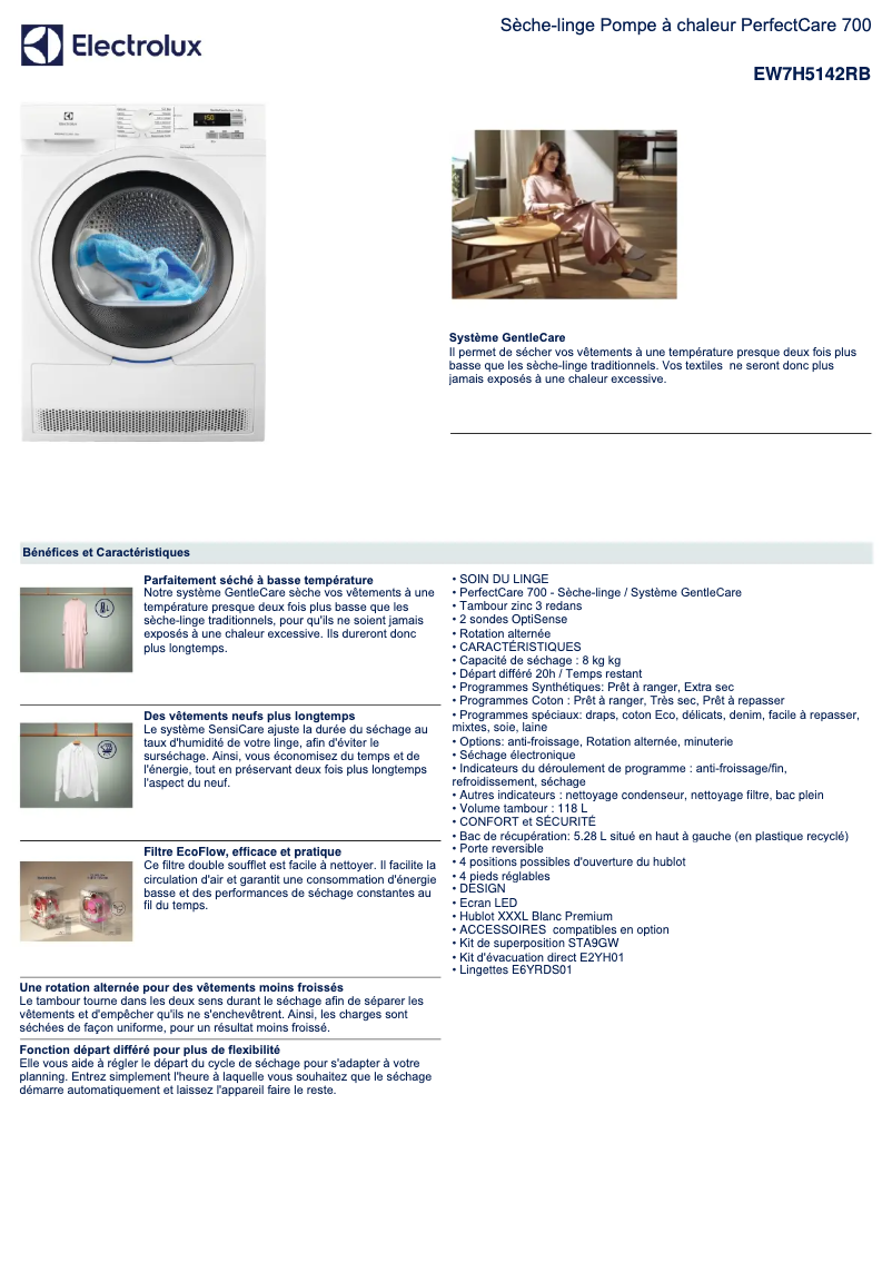 Page 1 de la notice Fiche technique Electrolux EW7H5142RB