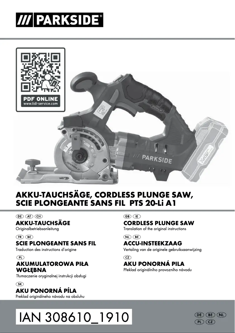 Page 1 de la notice Manuel utilisateur Parkside PDRA 20-Li A1