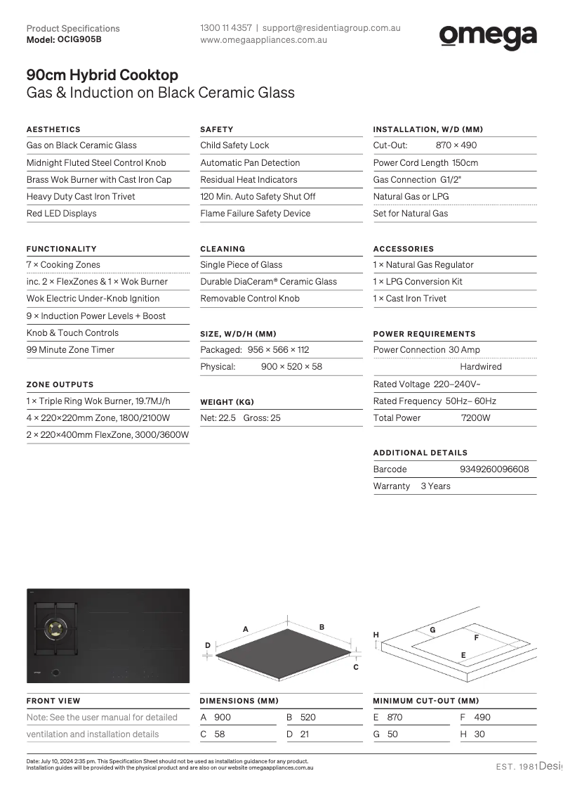 Page n°1 - Fiche technique Omega OCIG905B