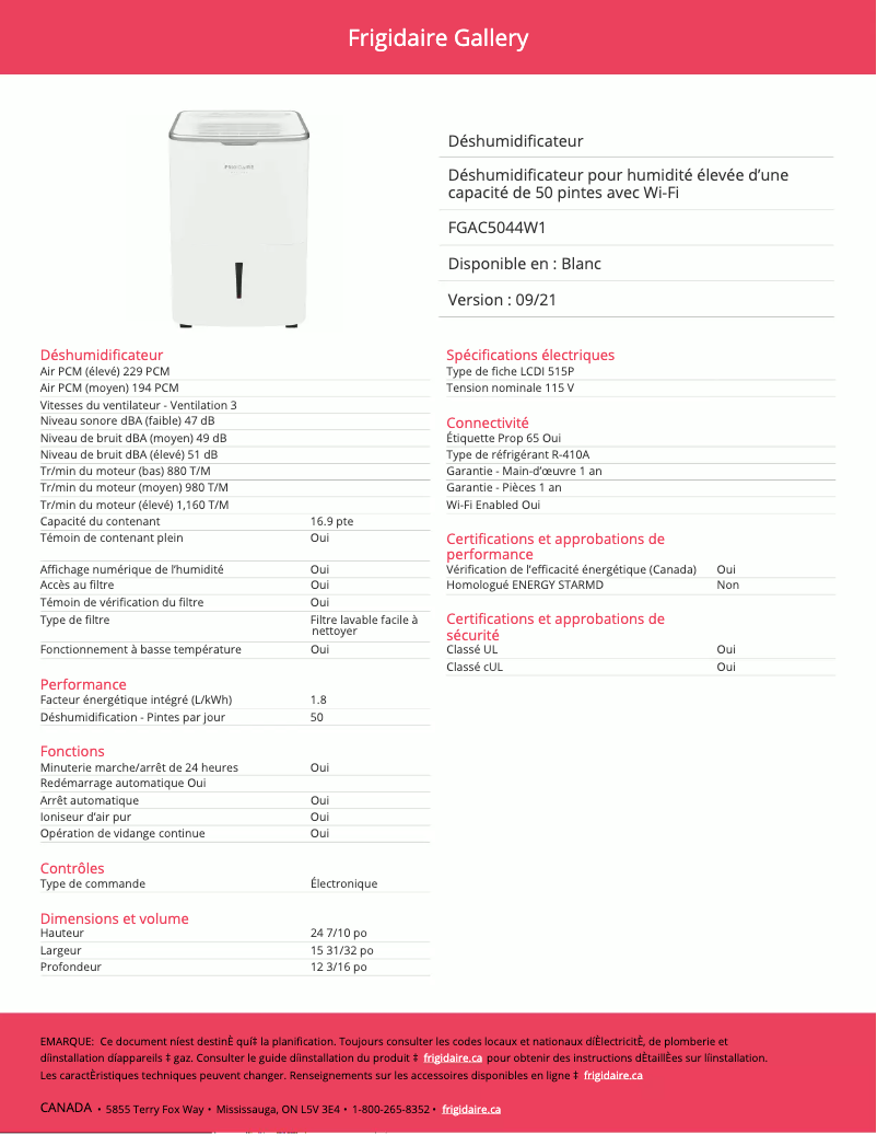Page 1 de la notice Fiche technique Frigidaire FGAC5044W1