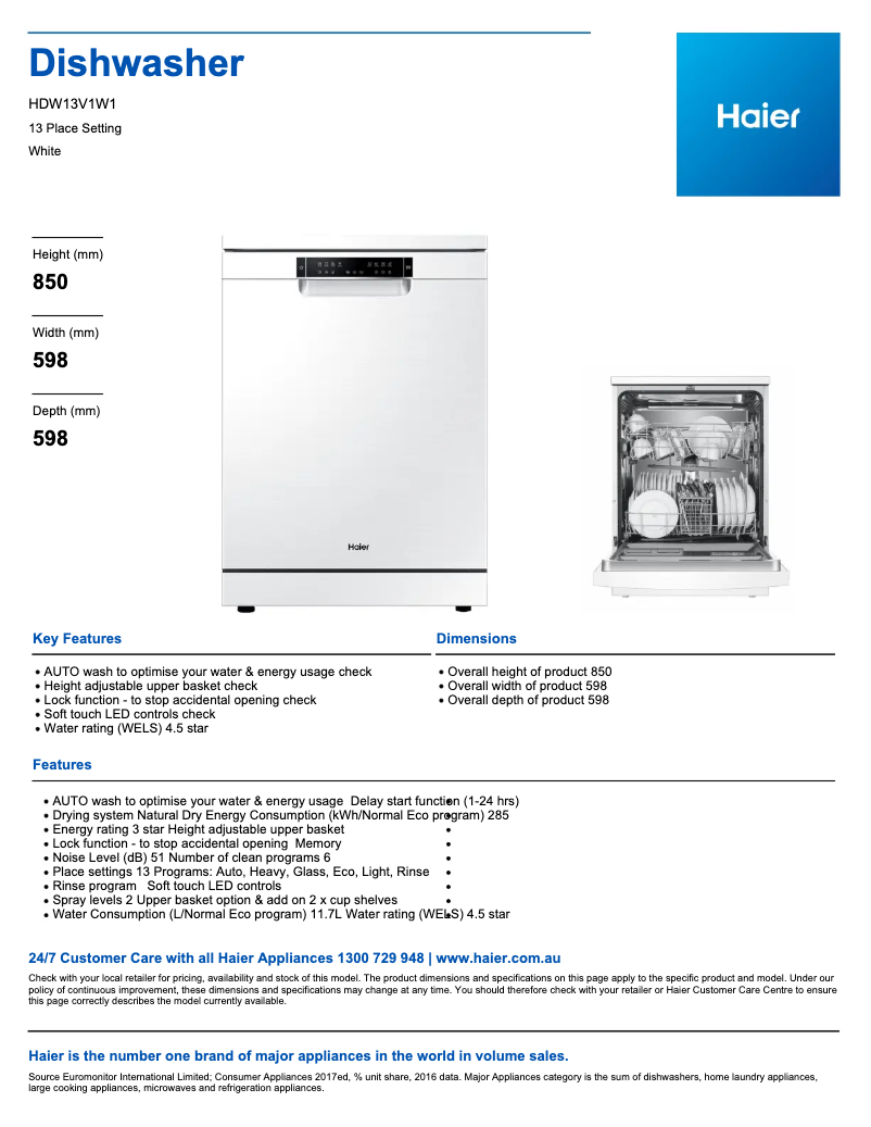 Page n°1 - Fiche technique Haier HDW13V1W1