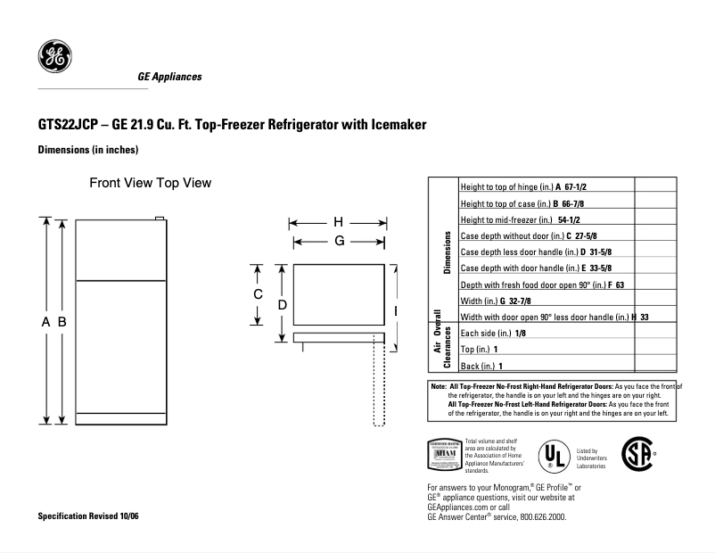 Page 1 de la notice Fiche technique GE GTS22JCPWW